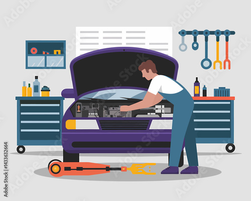 Car Mechanic Inspecting Engine Under Hood in Auto Repair Shop Illustration
