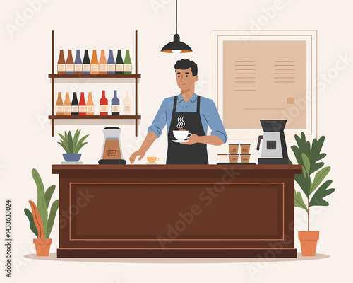 Barista serving coffee at stylish coffee shop counter. Vector illustration of cafe employee, drinks and plants.