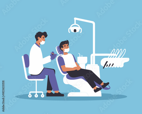 Dental Checkup Illustration: Dentist Examining Patient with Mask in Clinic Chair