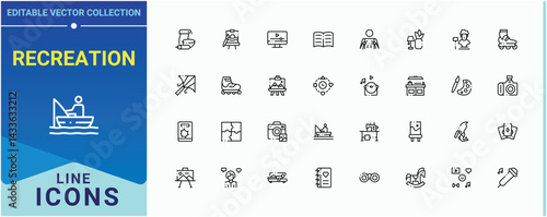 Recreation icon set. Includes symbols for lifestyle, camping, sport, cycling, interest, activity, hiking and more. Hobby icon collection. Outline icons collection. Editable vector.