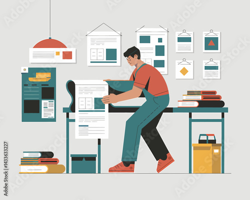 Man examining printed document, vector graphic design setup. Print shop illustration with paperwork and posters.