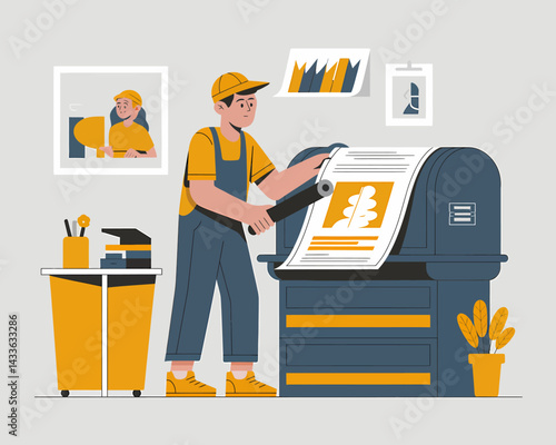 Print Shop Worker Inspecting Large Format Print Quality for Color Accuracy and Design Fidelity