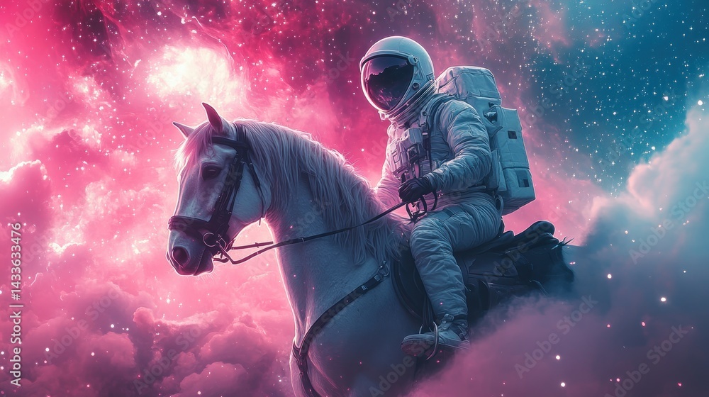 Fototapeta premium An astronaut riding a white horse through a pink and blue nebula with a starry backdrop.