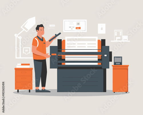 Man operating plotter in printing company, large format printer for posters and advertising graphics production.