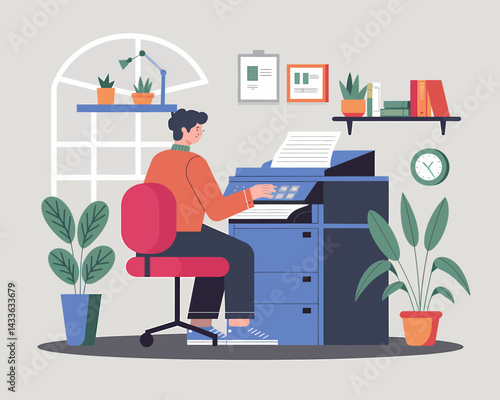 Illustration of a man using a printer in a cozy office space with shelves and plants, ideal for business or workplace themes.