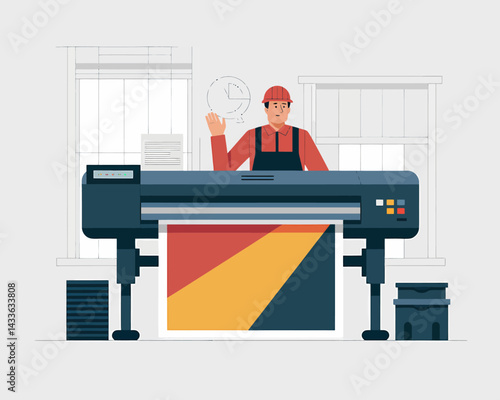 Printing Specialist Operating Large Format Printer with Project Timeline in the Background