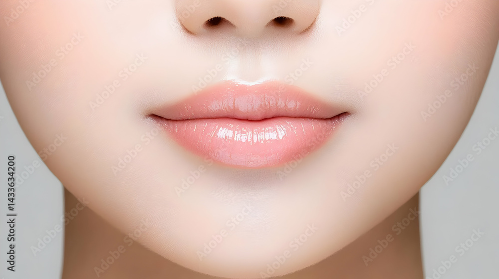 Fototapeta premium Close Up Portrait Of Young Woman's Lips And Chin With Pink Glossy Lipstick And Smooth Skin