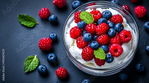 Fresh berries and whipped cream dessert in glass bowl.  Freshly picked raspberries and blueberries atop whipped cream, garnished with fresh mint leaves.  Appetizing dessert in a clear glass bowl