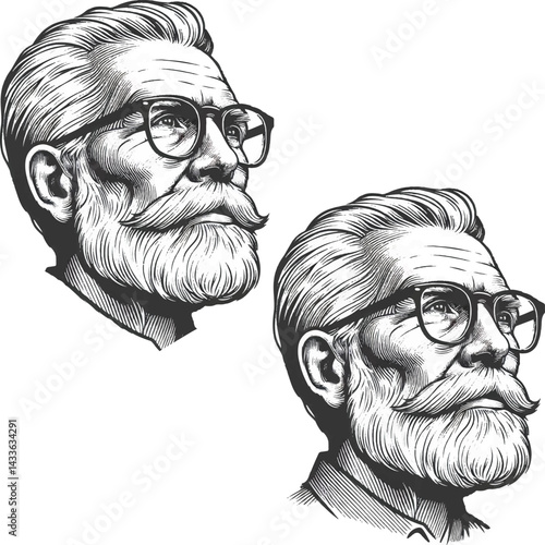 Two stylized head profiles of older men with beards and glasses face opposite directions.