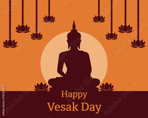 Serene Vesak Day Celebration: Buddha Silhouette with Lotus Blooms and a Glowing Sun Backdrop