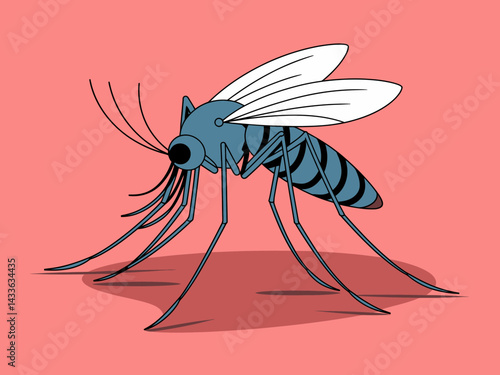 Cartoon Mosquito Illustration with Stripes and Antennae on a Pink Background