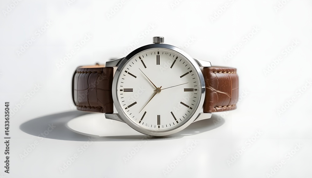 Sleek Modern Wristwatch with Leather Strap on White Background Sleek Modern Wristwatch with Leather Strap on White Background