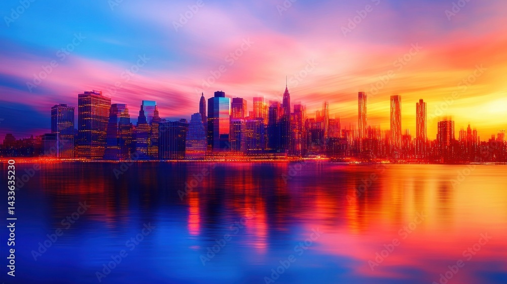 Fototapeta premium Vibrant sunset over a city skyline with reflections in the water.