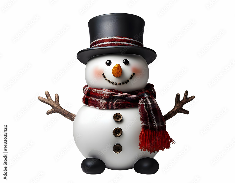 Smiling Snowman: A cheerful snowman with a black top hat, red and black plaid scarf, and carrot nose stands with outstretched arms, radiating festive cheer. Smiling Snowman: A cheerful snowman with a black top hat, red and black plaid scarf, and carrot nose stands with outstretched arms, radiating festive cheer.