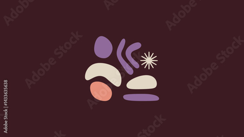 Abstract Organic Shapes Composition in Lilac, Beige and Coral Palette, Modern Art Aesthetic on Deep Burgundy