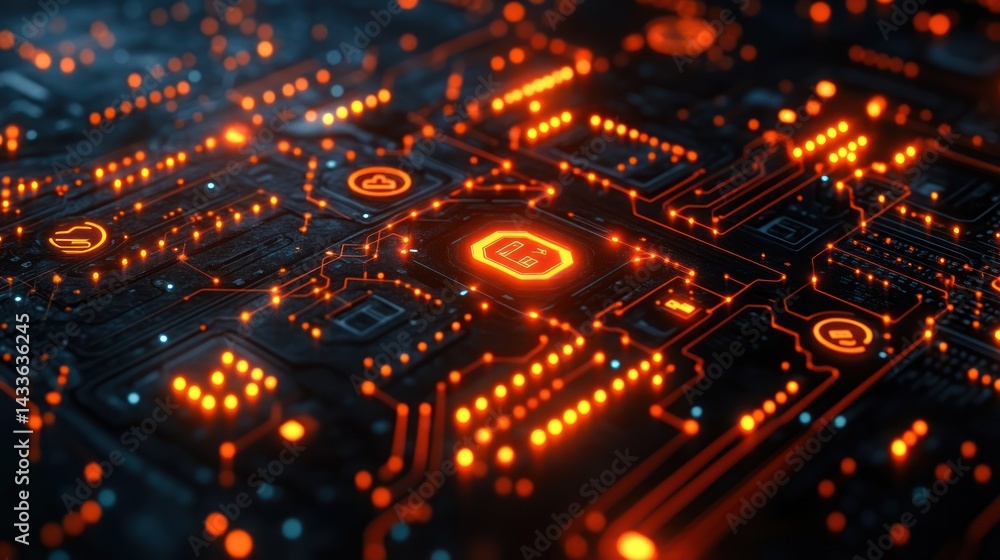 Glowing orange circuit board with central processor. Glowing orange circuit board with central processor.
