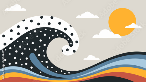 Stylized Ocean Wave Illustration with Sun and Clouds - Abstract Coastal Scene