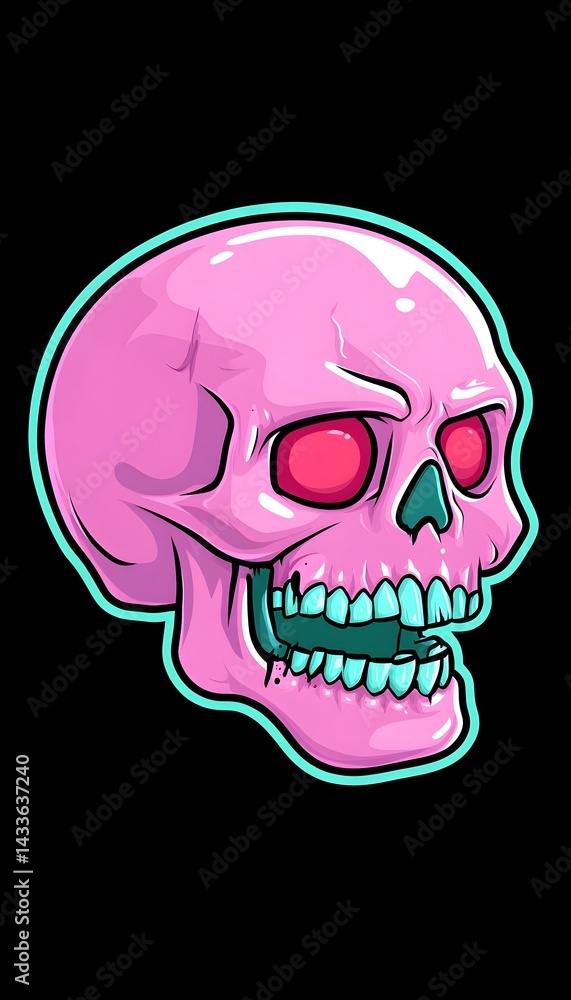 A vibrant pink skull with glowing red eyes and teal outlines, presented in a cartoonish style against a black background A vibrant pink skull with glowing red eyes and teal outlines, presented in a cartoonish style against a black background