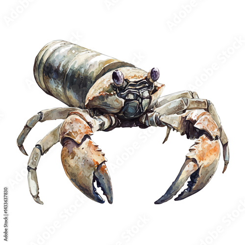 Crab Crawling Across A Sunken Cannon, watercolor vector, isolated on a white background.