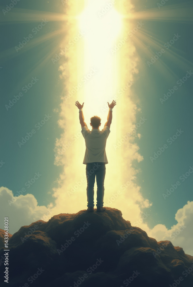 Generative AI Man Reaching for Light on Mountain man mountain light sunlight sky arms raised back view top clouds jeans hope inspiration faith success freedom - High Quality Image Generative AI Man Reaching for Light on Mountain man mountain light sunlight sky arms raised back view top clouds jeans hope inspiration faith success freedom - High Quality Image