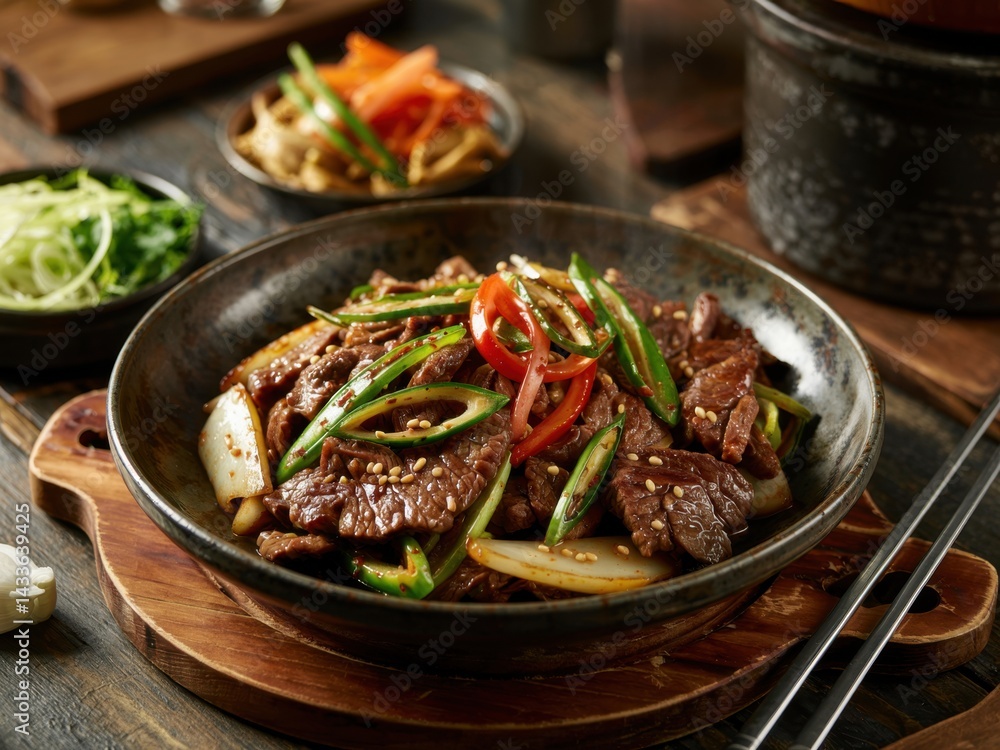 Delicious stir-fried beef with vegetables served on a rustic wooden table in a cozy setting Delicious stir-fried beef with vegetables served on a rustic wooden table in a cozy setting