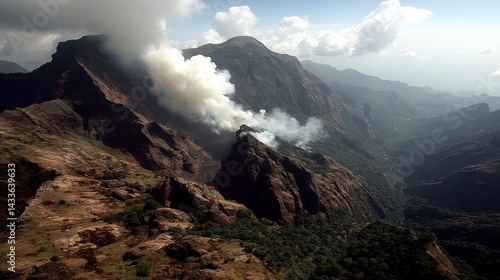 Smoke billows from a wildfire in a mountainous region. Dark, rocky terrain is visible, with patches of green vegetation. The sky is partly cloudy.