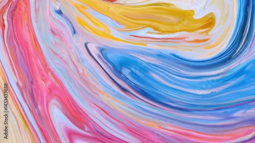Colorful swirling abstract paint mixture slowly transforming. Vibrant pink, yellow, and blue hues blend and flow in a mesmerizing circular pattern, gradually shifting from warm to cooler tones.