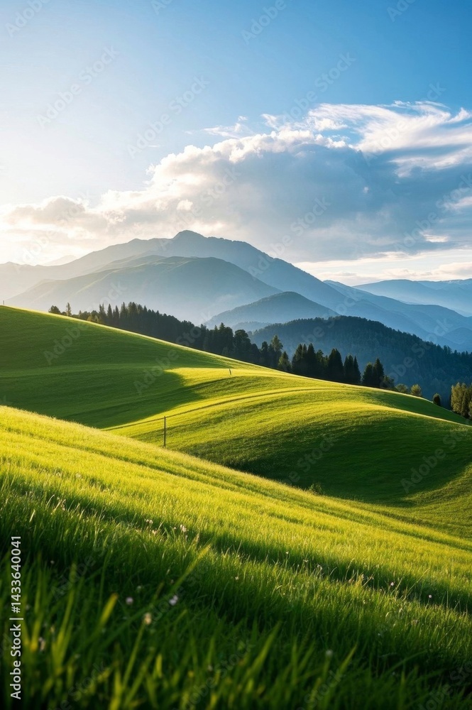 Obraz premium a view of a green field with mountains in the background