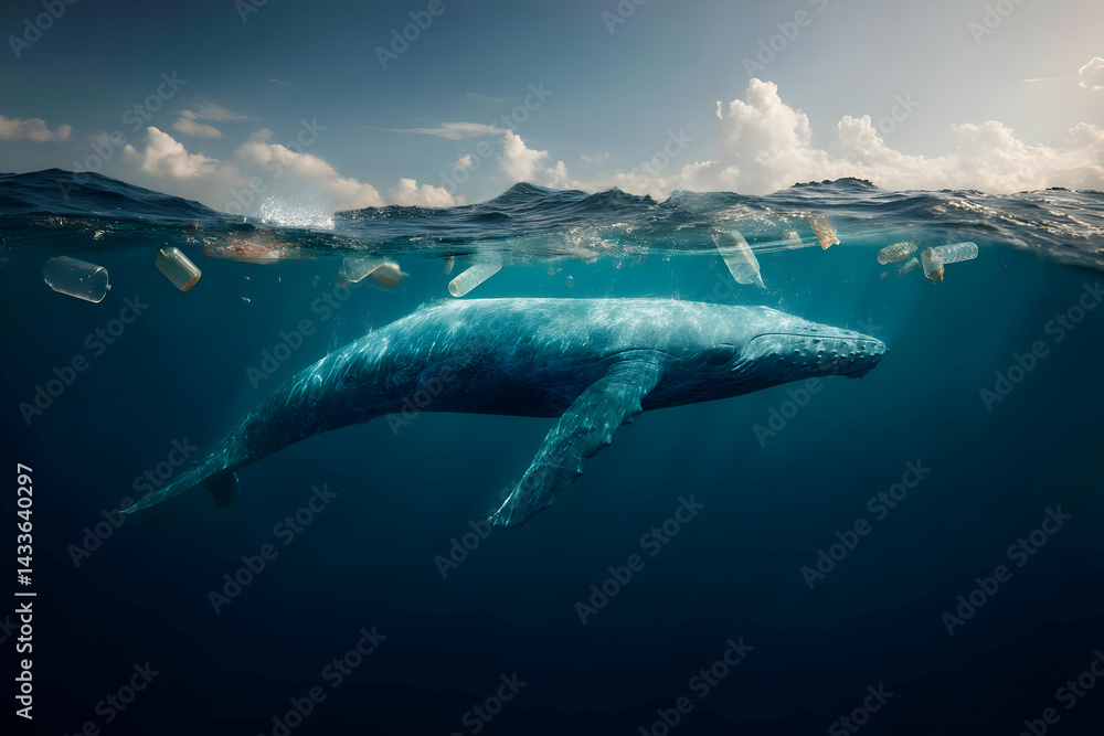 Fototapeta premium International Ocean Day, a call to protect and preserve our precious oceans, Dolphins inside the ocean cover by garbage, unclean ocean 