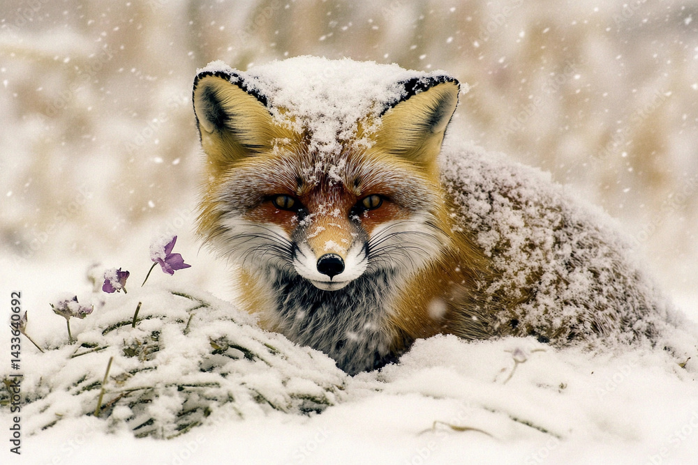Fototapeta premium Snowy fox blends into serene landscape, showcasing beauty in winter wilderness