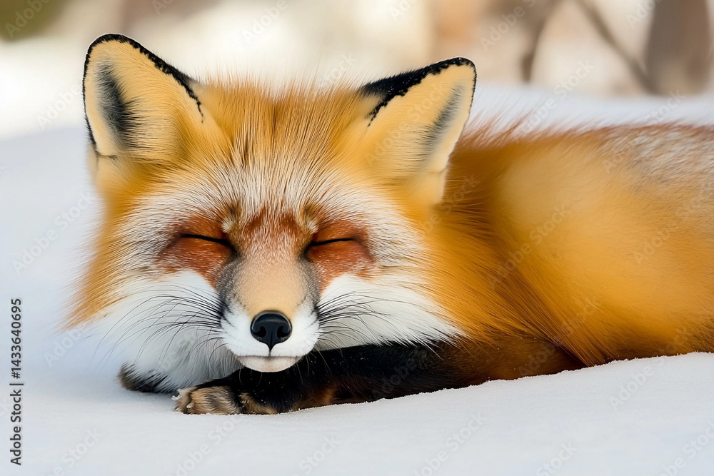 Obraz premium Fox resting peacefully in a snowy field, blending with its white surroundings during winter
