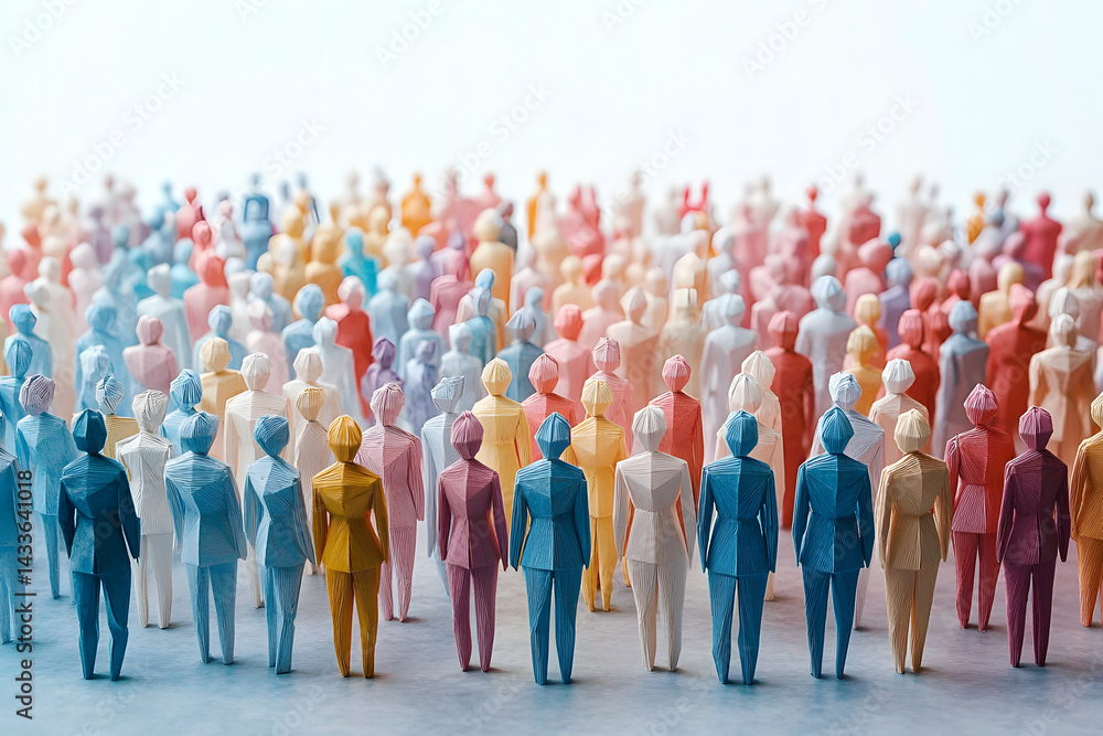 In a unique paper craft origami representation, a large crowd of diverse people is showcased, conveying the idea of overpopulation and the complexities of a diverse society