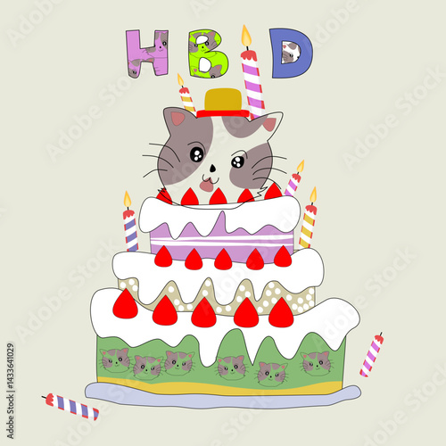 Cute cat with birthday cake. Hand-drawn. Vector illustration for your design. Ideas for cards, pillowcases, template sheets, and wallpaper.