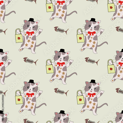 Seamless pattern with a cat in a bow tie and a shopping bag on a soft yellow background. Design for wrapping, wallpaper, rugs, and textiles.