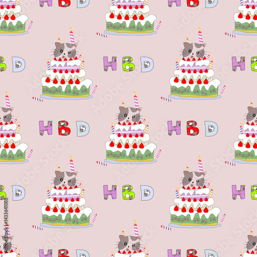 Cute cat with birthday cake. Hand-drawn. Vector illustration for your design. Ideas for cards, pillowcases, template sheets, and wallpaper.