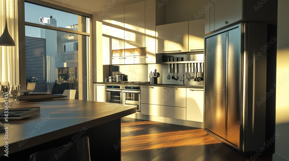 Modern kitchen with stainless steel appliances and wooden floors, illuminated by warm sunlight streaming through large windows. Modern kitchen with stainless steel appliances and wooden floors, illuminated by warm sunlight streaming through large windows.