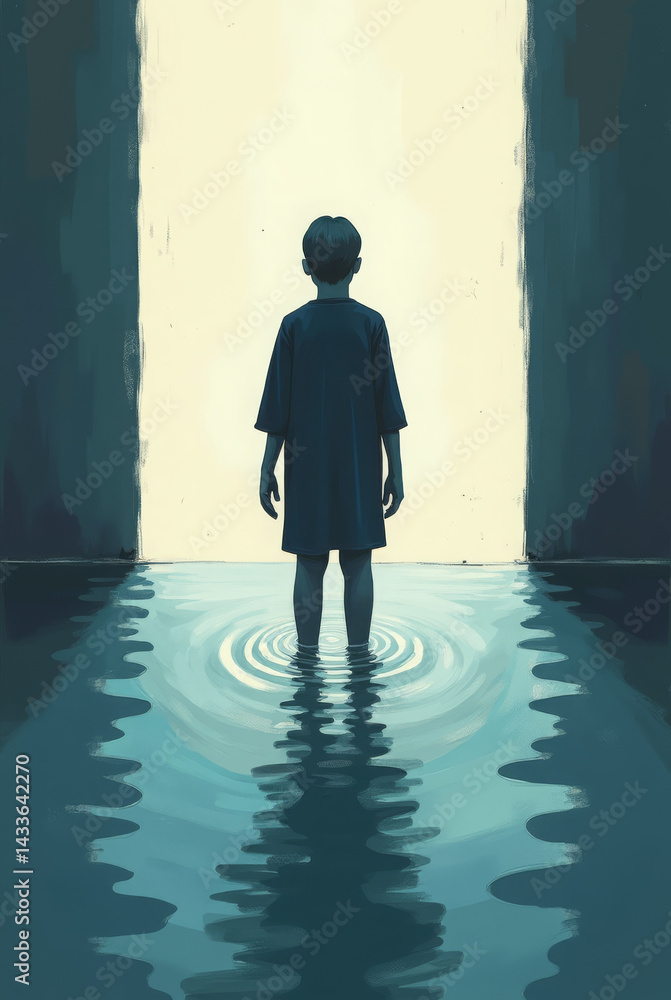 Obraz premium Generative AI Child in Waterway, Dreamlike Journey boy water tunnel light reflection ripples blue standing child passageway hope introspection journey transition mystery - Download Now