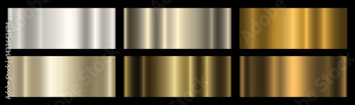 Set of six gold and platinum metallic gradients on a black background. A collection of shiny metallic gradients. The texture of the foil. Vector EPS 10.