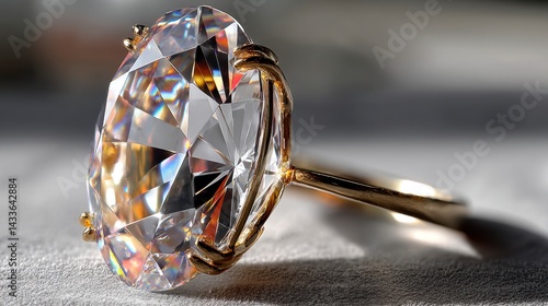 Close up of a large, clear diamond ring with a gold band, resting on a textured surface. Light reflects brightly off the diamond.