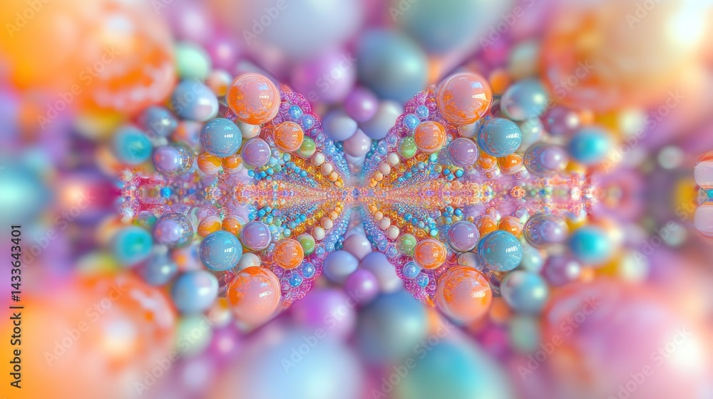 A symmetrical, abstract pattern of colorful spheres, creating an optical illusion with a blurred background. A symmetrical, abstract pattern of colorful spheres, creating an optical illusion with a blurred background.