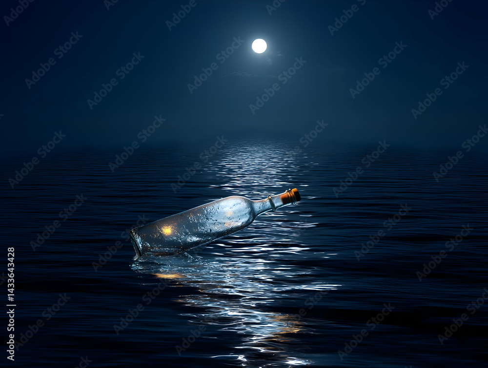 Fototapeta premium Message in bottle drifting under moonlight, hope in the stillness of the sea