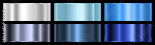 A set of six blue and silver metallic gradients on a black background. Metallic texture, shiny background. Vector EPS 10.