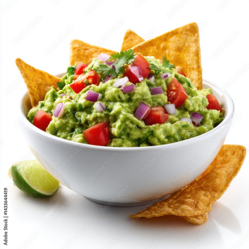 Guacamole with chips in bowl on white background Guacamole with chips in bowl on white background