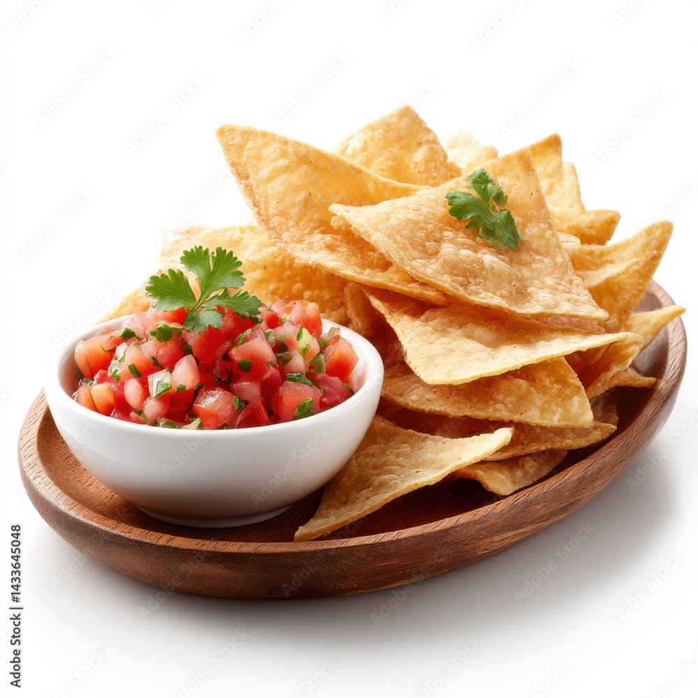 Chips and salsa on a wooden plate on white background Chips and salsa on a wooden plate on white background