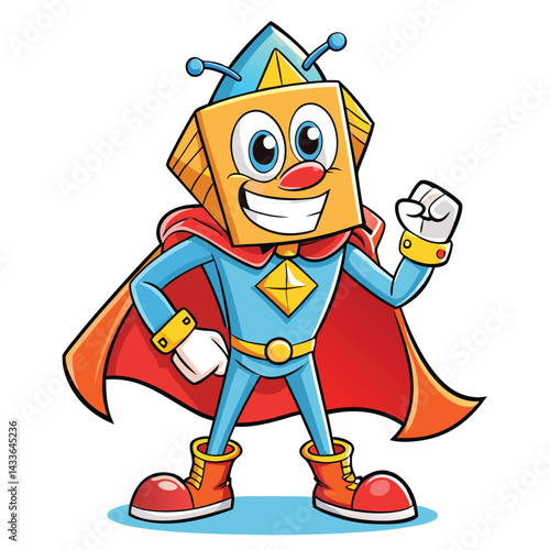 Boxy superhero character with a cape