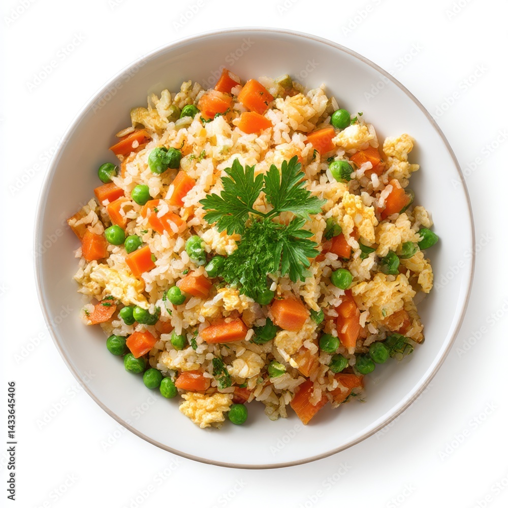 Fried rice with vegetables in bowl on white background Fried rice with vegetables in bowl on white background