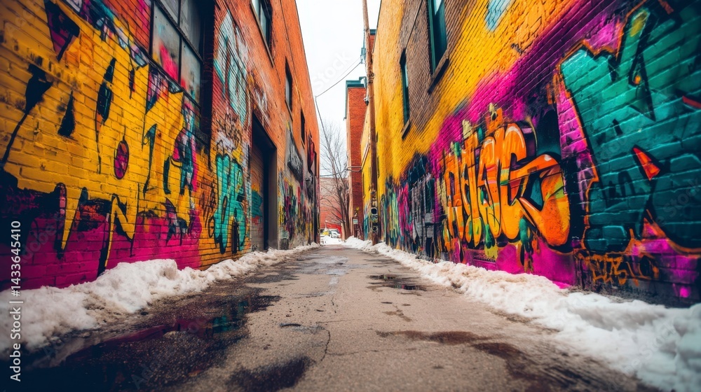 Fototapeta premium Vibrant graffiti art adorns brick walls of a narrow urban alleyway in winter. Snow lines the edges of the path.
