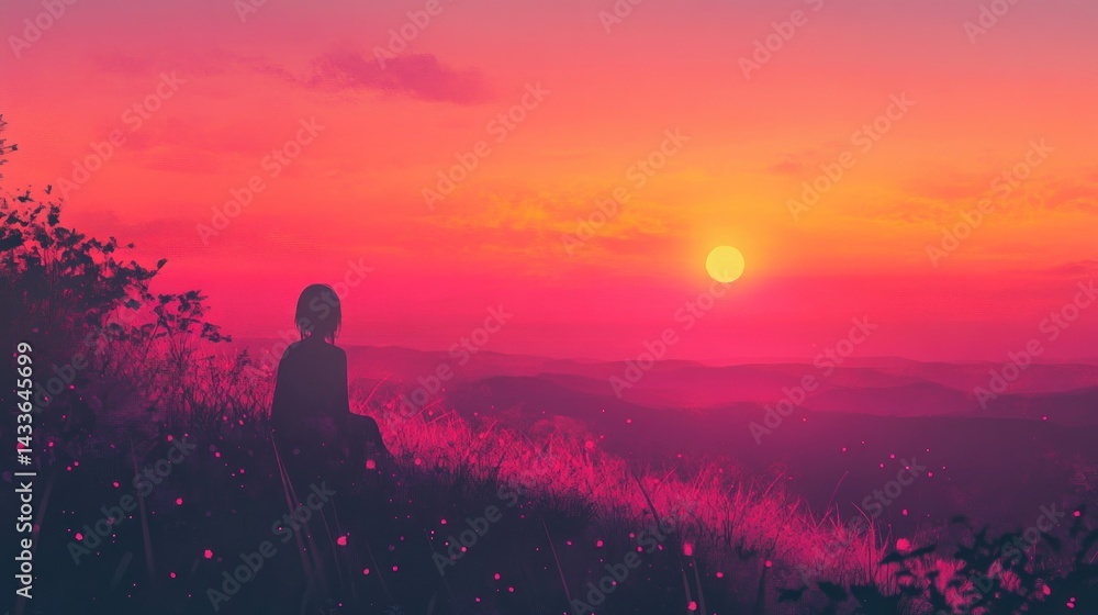 Obraz premium A lone figure sits on a hilltop, silhouetted against a vibrant sunset. The sky is ablaze with fiery hues of orange and pink, while the sun sets on the horizon.