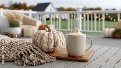 Cozy autumn scene featuring a knitted pumpkin, a warm beverage, and a soft throw blanket on a deck overlooking a suburban backyard.