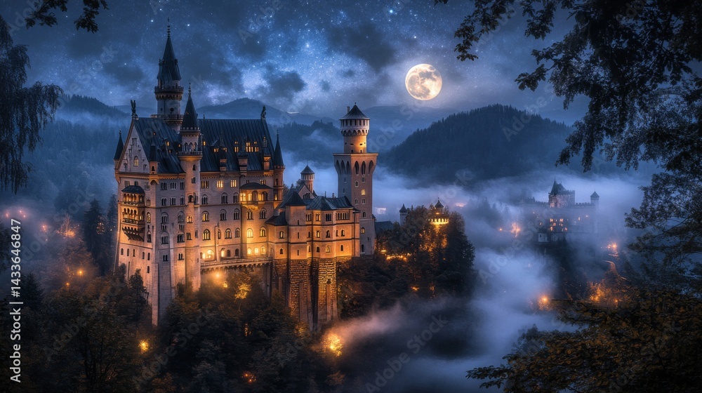 Fototapeta premium Enchanted Castle at Night Under a Full Moon